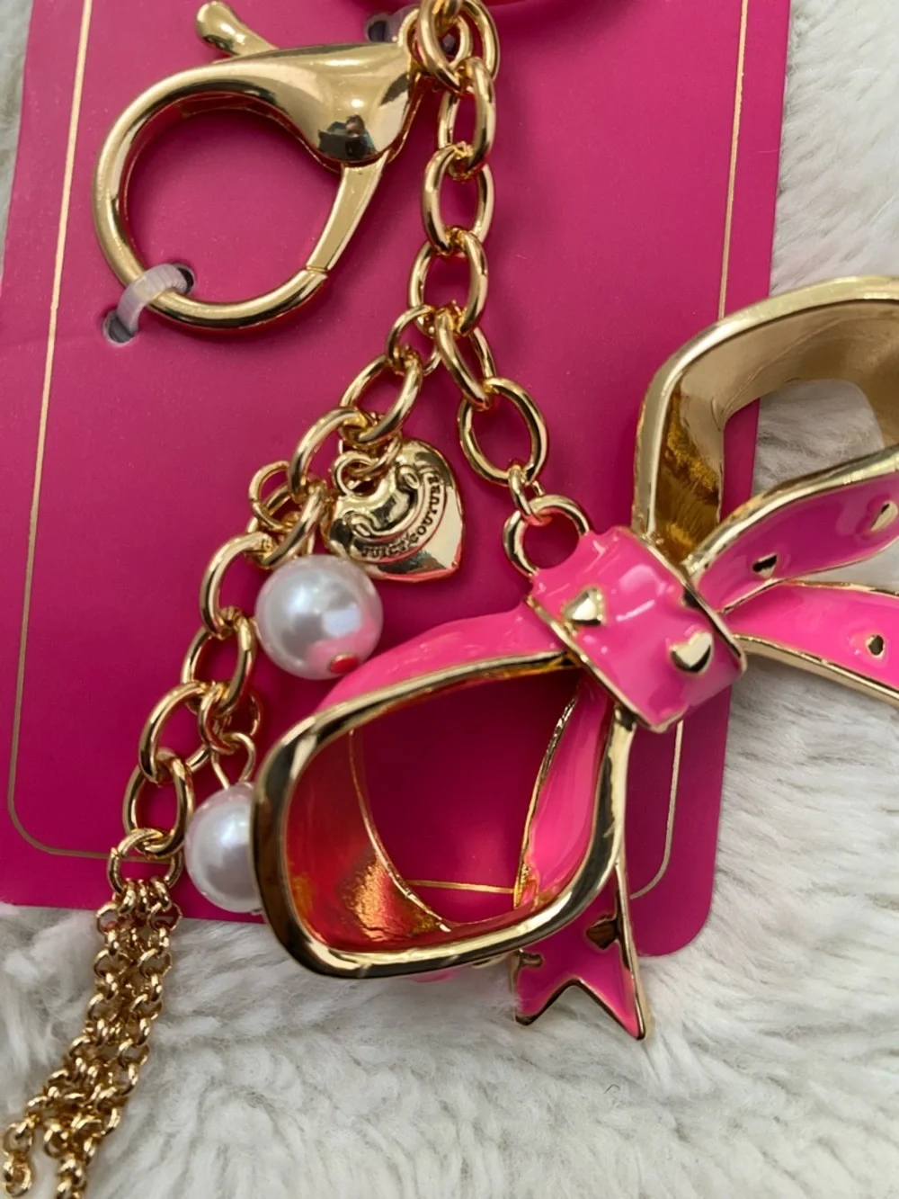 Juicy Couture Hot Pink Enamel Bow Keychain with Gold Hardware
